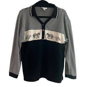 Vintage Black White Striped Zebra Leopard Collared Polo Granny Core Top-Large